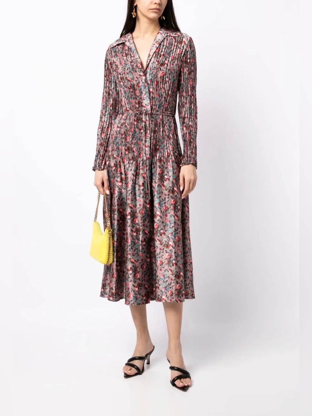Vince Berry Blooms Pleated Floral Satin Midi Shirt Dress Petal Quartz Small